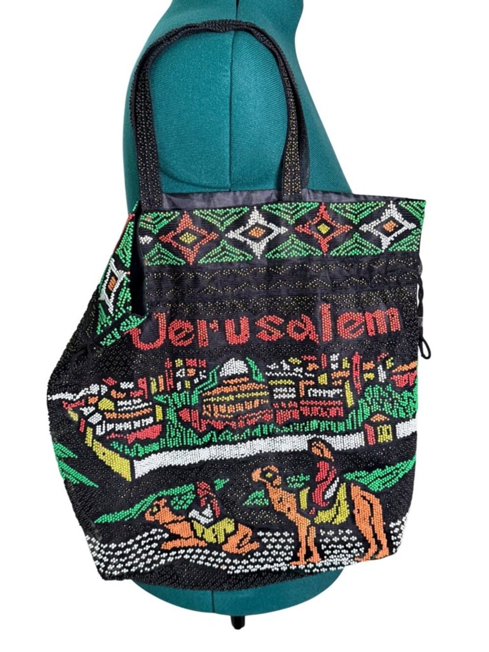 Women's Handbag Jerusalem Beaded Drawstring Bag With Camel & City Scene Design